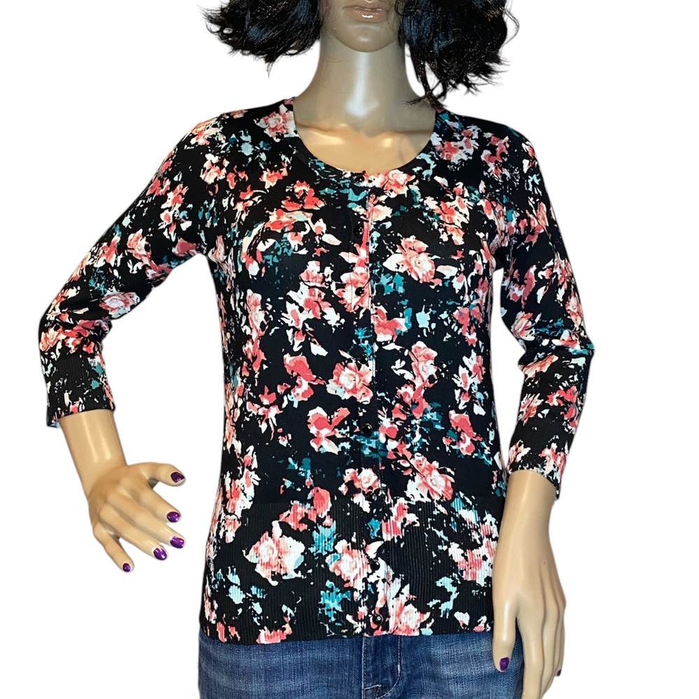 White House Black Market WHBM Black Floral Lightweight Cardigan Sweater Sml VGC